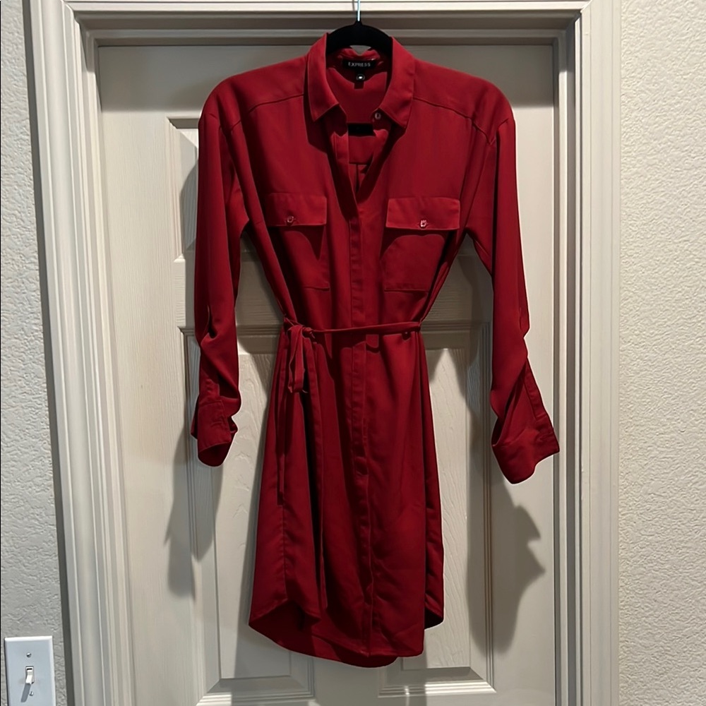 Express Button-Up Long Sleeve Dress in Deep Red